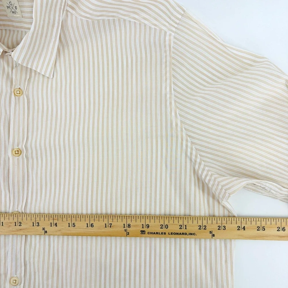 GMF 965 Mens Size 44 17.5 Striped Button Down Shirt Tan White Cotton Long Sleeve